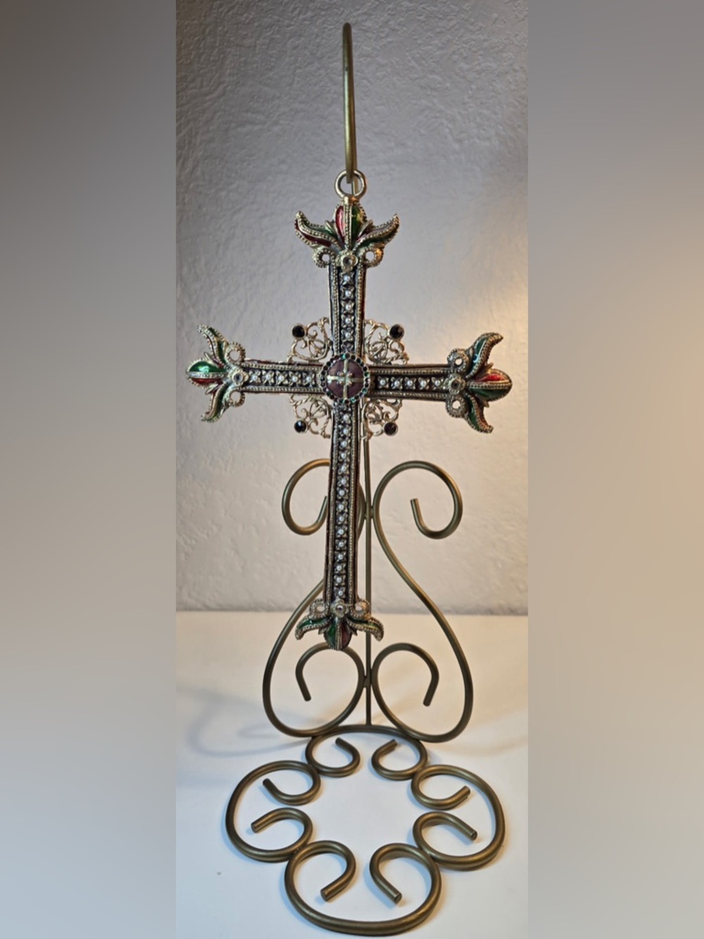 Large Ornate Jeweled Enamel Filigree Cross Ornament w/ Display Stand 14" Tall